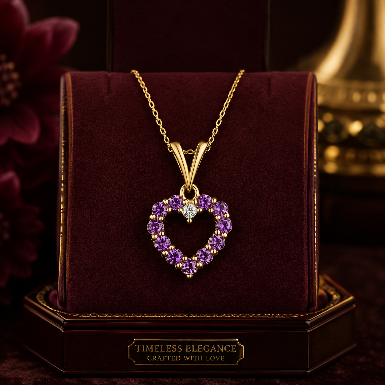 Amethyst & Diamond Heart Pendant Necklace Yellow Gold Fine Jewellery Gift
