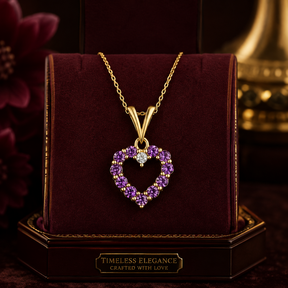 Amethyst & Diamond Heart Pendant Necklace Yellow Gold Fine Jewellery Gift
