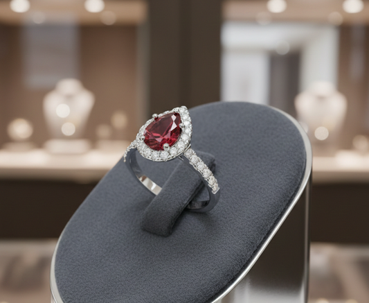 Sterling Silver Ruby Ring Pear Halo Engagement 925 Hallmark Size K-S