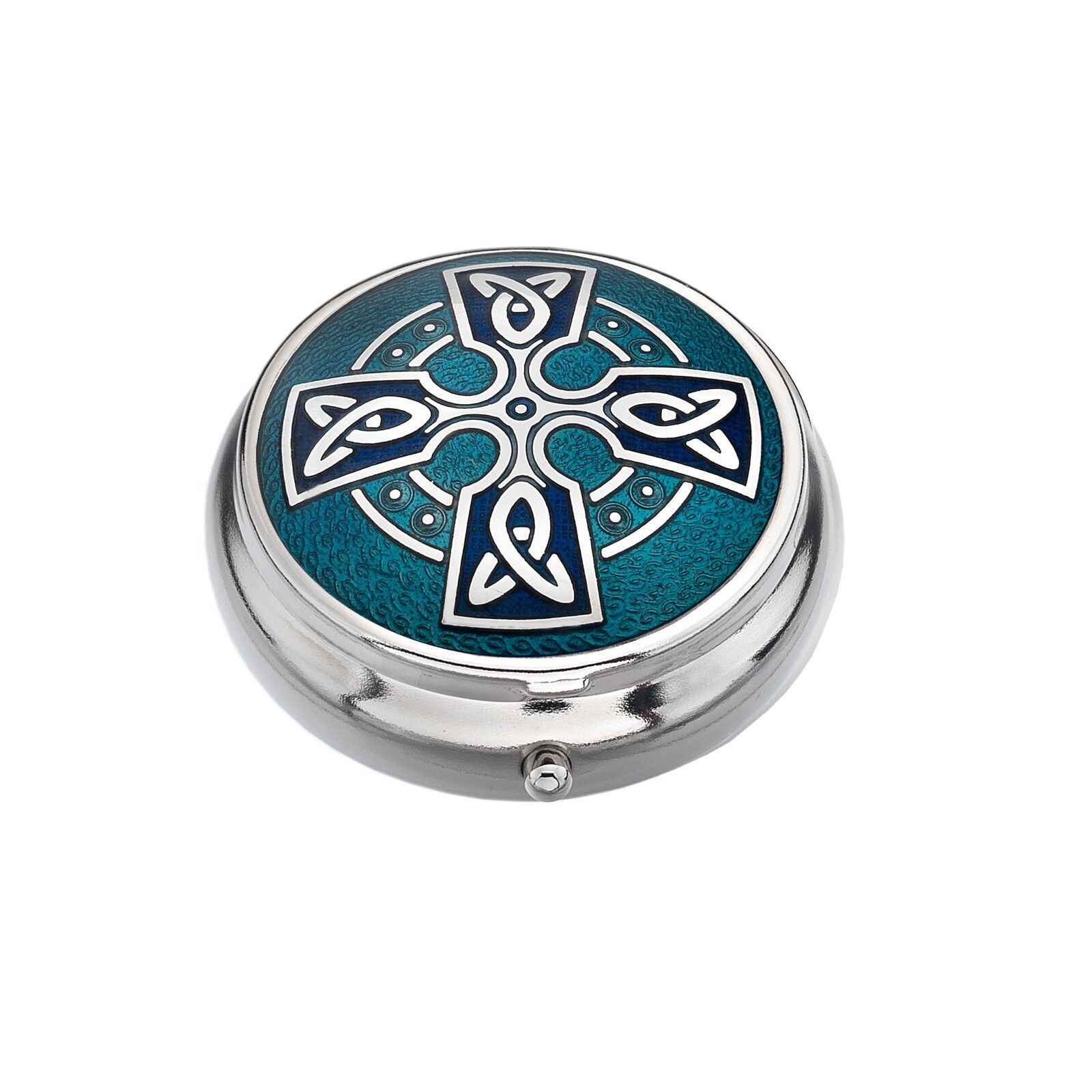 Pillbox Silver Plated Cross Head Celtic Design Turquoise Brand New and Boxed