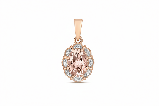 9ct Rose Gold Morganite and Diamond Pendant Real Stones Oval Halo Necklace