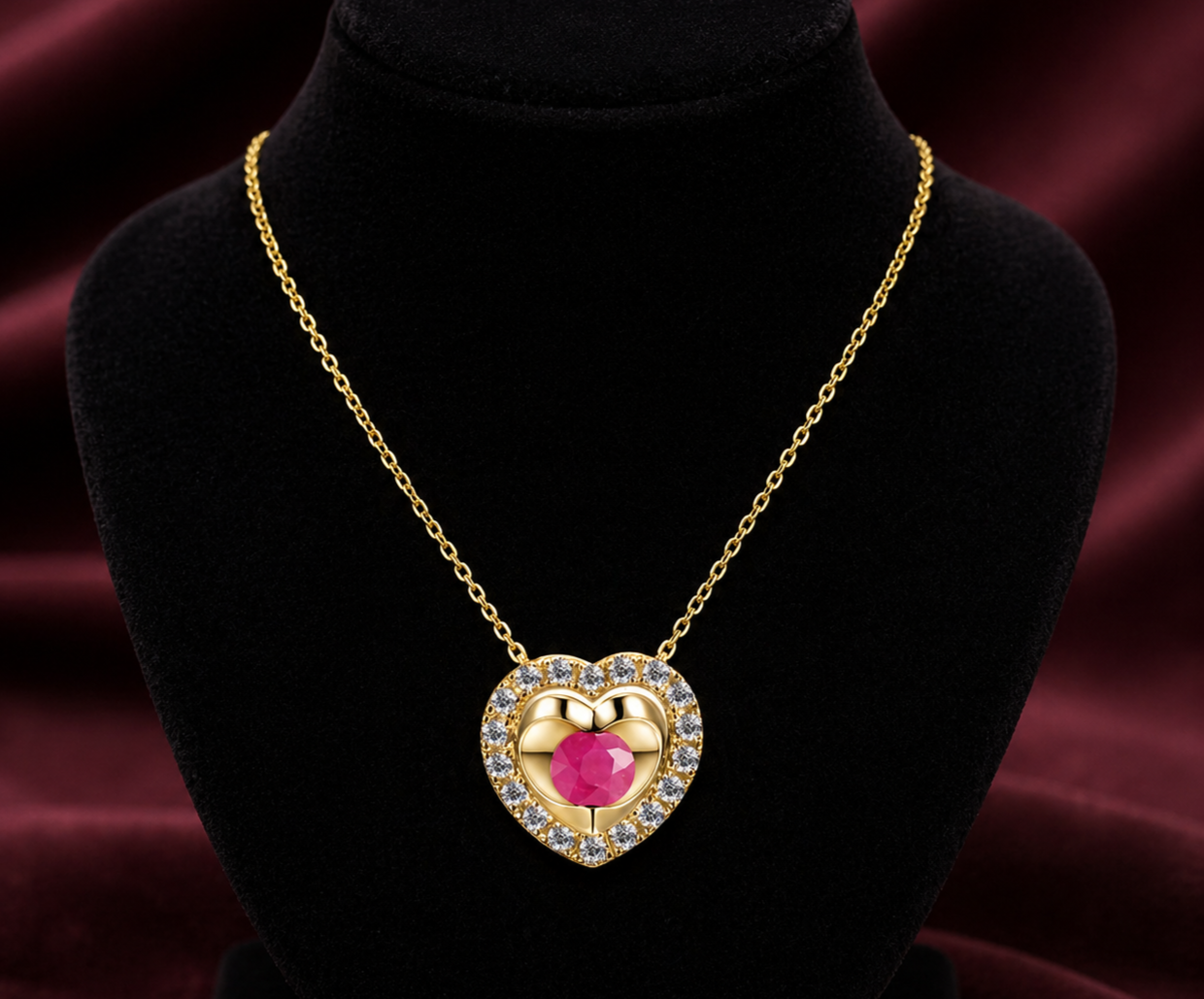 Ruby Heart Necklace With Diamond Solid Yellow Gold 18" 46cm Length Chain