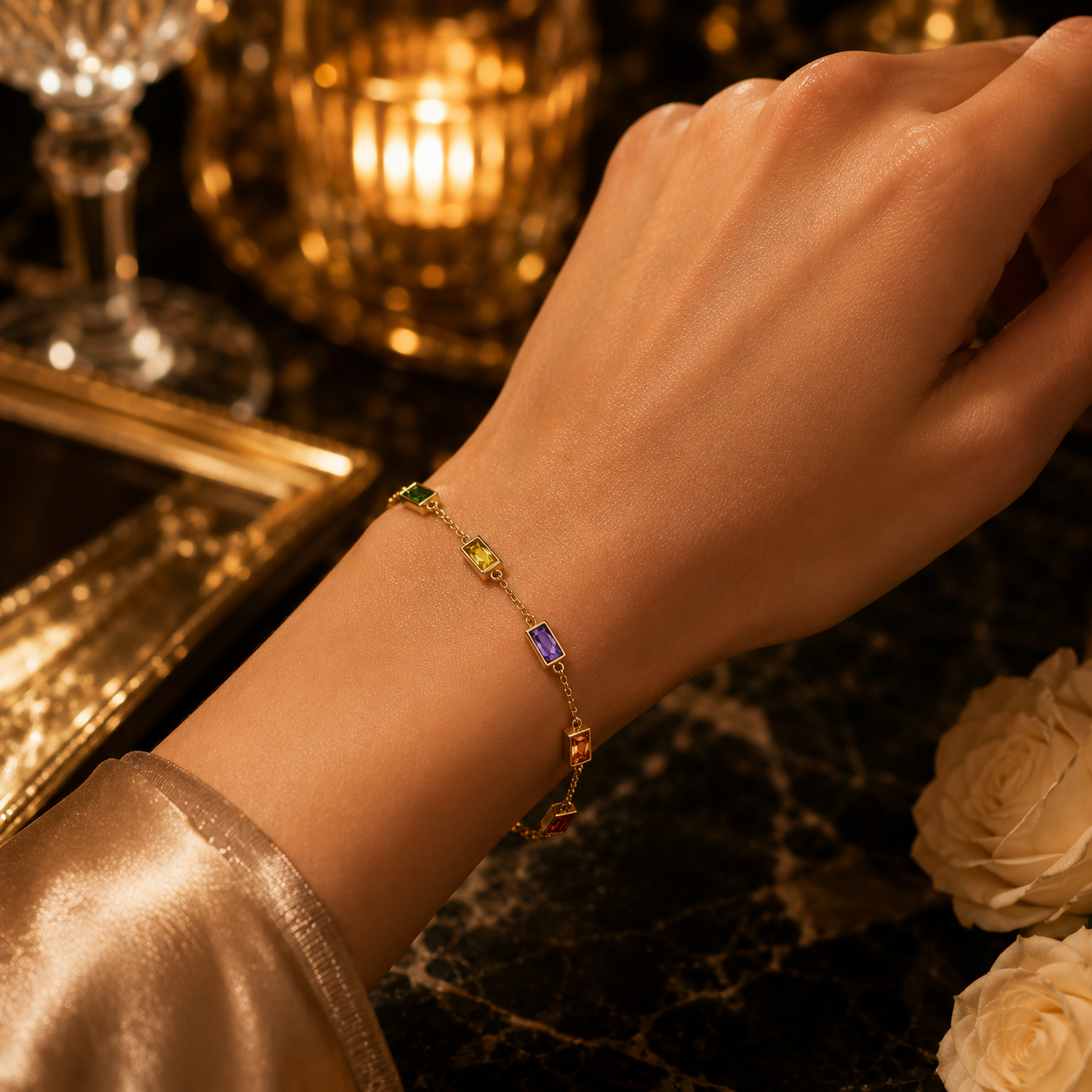 Multicolour Gemstone Station Bracelet Yellow Gold 375 Hallmark 17.5-19cm