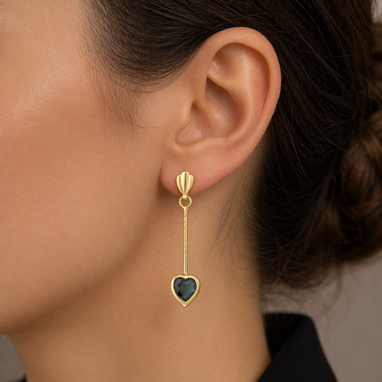Natural Sapphire Heart Earrings Solid 9ct Yellow Gold Stick Drops Hallmarked