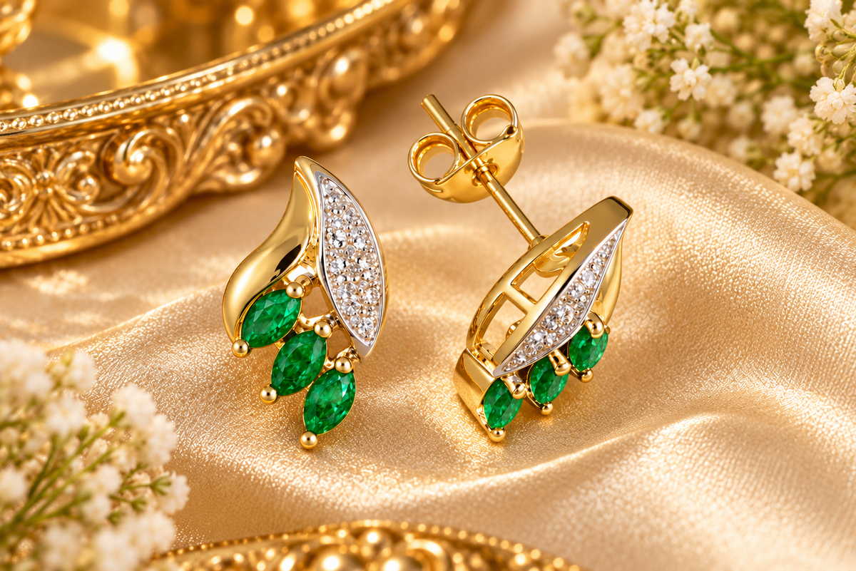 Emerald and Diamond Earrings Marquise Studs 9ct Yellow Gold