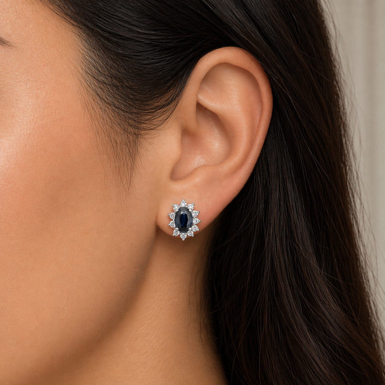 Natural Sapphire and Diamond Stud Oval Cluster Earrings 9ct Yellow Gold
