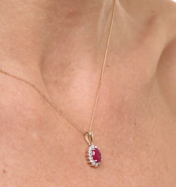 Ruby and Diamond Oval Cluster Pendant Solid 9ct Yellow Gold Real Stones