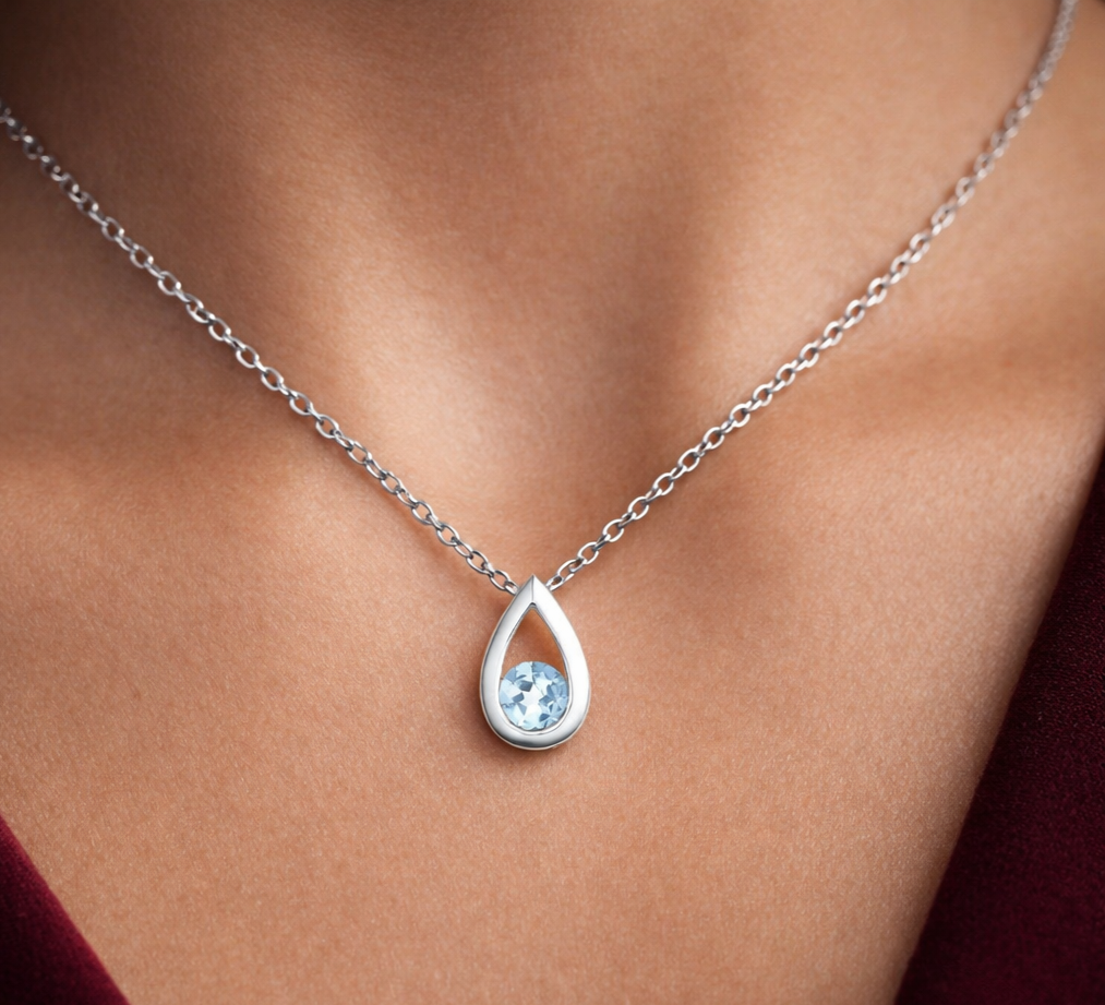 Natural Blue Topaz Teardrop Pendant Solid White Gold 18" 46cm Length Chain