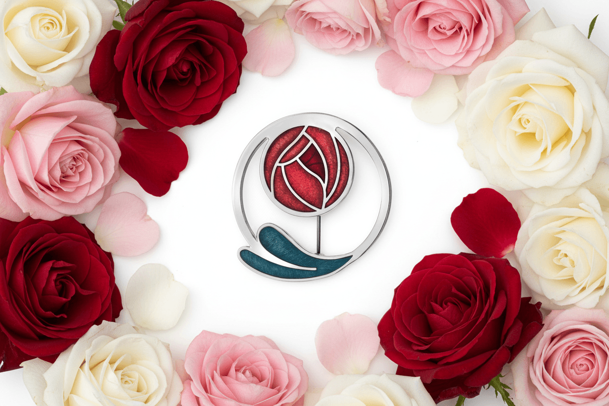 Mackintosh Red Rose Brooch Coiled Leaf Silver Plated Brand New Gift Packaging