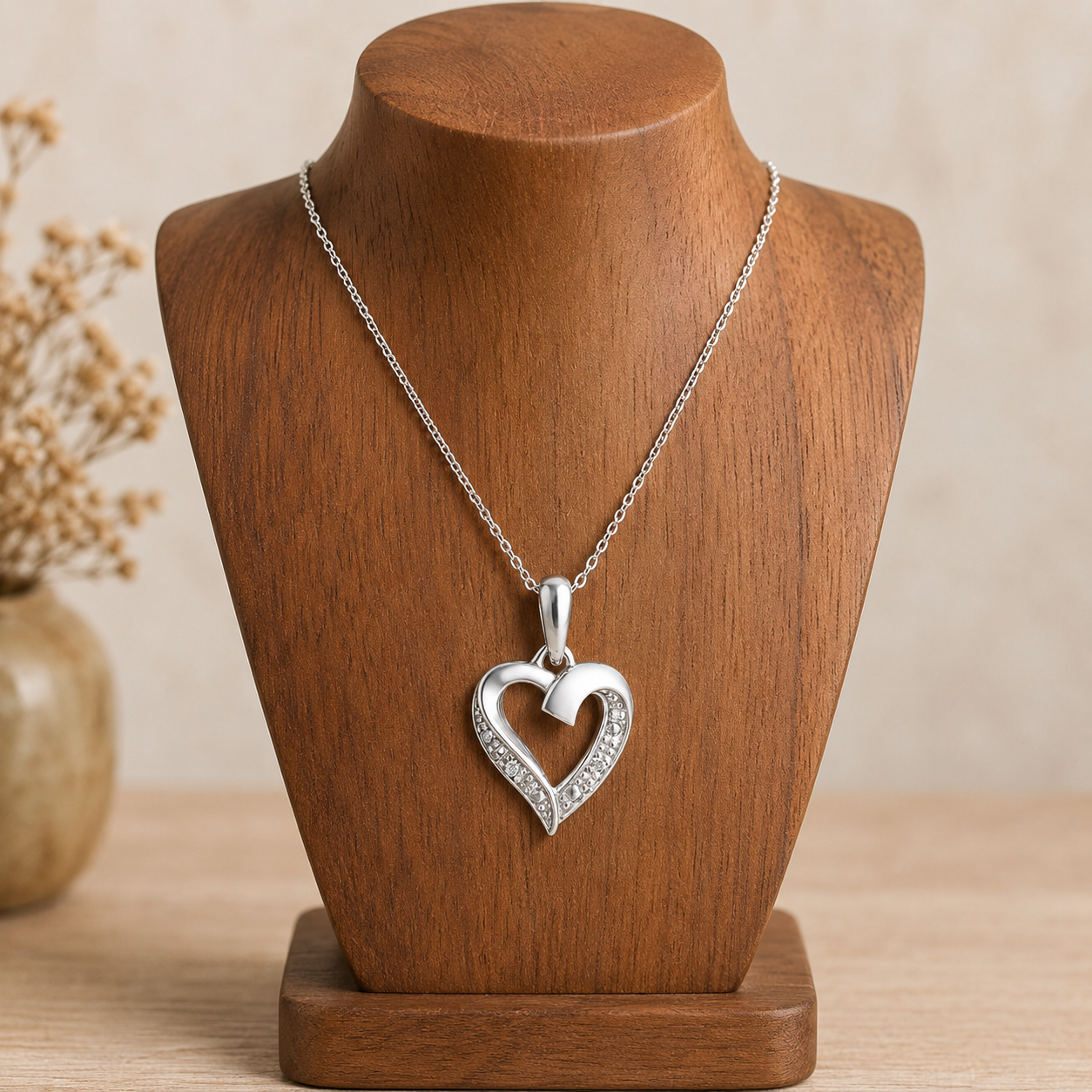 Natural Diamond Heart Pendant 9ct White Gold 18" Chain Hallmark British Made