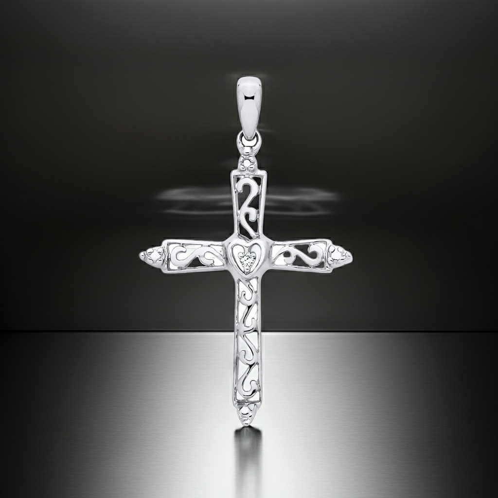 Natural Diamond Cross Pendant Solid Sterling Silver 925 Hallmark