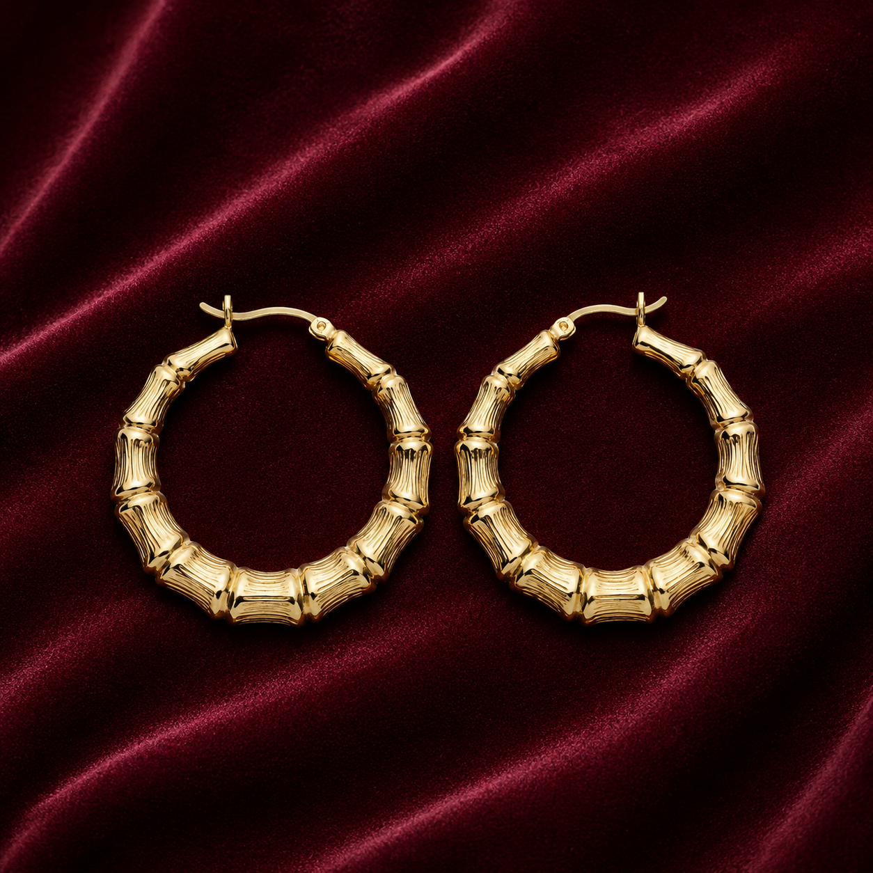 18ct Gold Bamboo Creole Hoop Earrings on Sterling Silver 925 Hallmark 36mm