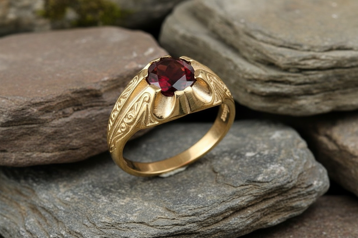 Men's Garnet Solitaire Ring Solid 9K Yellow Gold Hallmarked British made