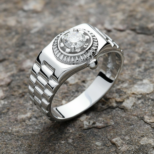 9ct White Gold Watch Style Ring Solitaire Gents Hallmarked