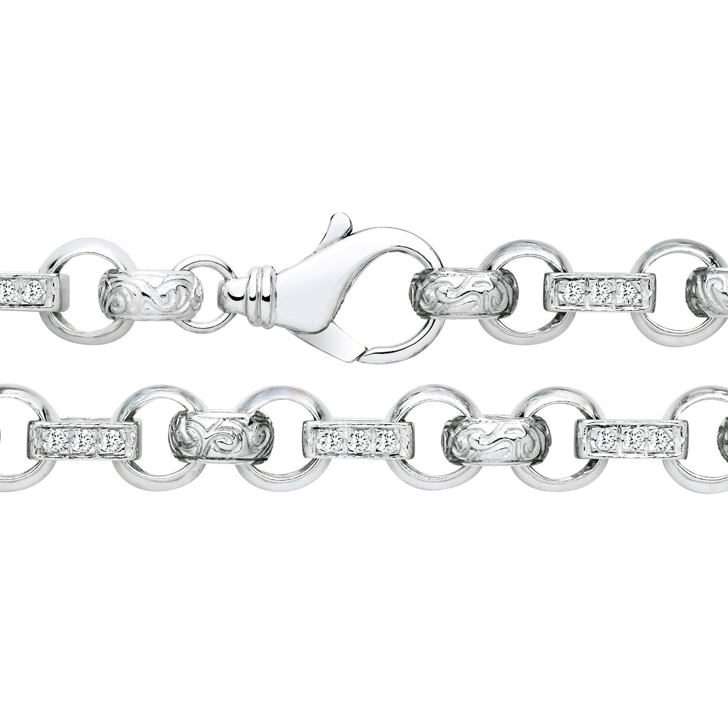 Men's Patterned Belcher Chain Zircon Bracelet Solid Silver Hallmark 9" 12mm Wide