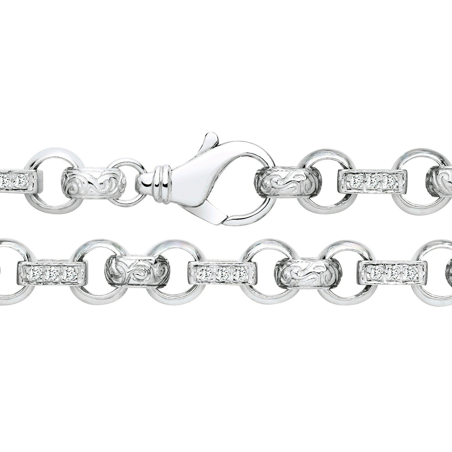 Men's Patterned Belcher Chain Zircon Bracelet Solid Silver Hallmark 9" 12mm Wide