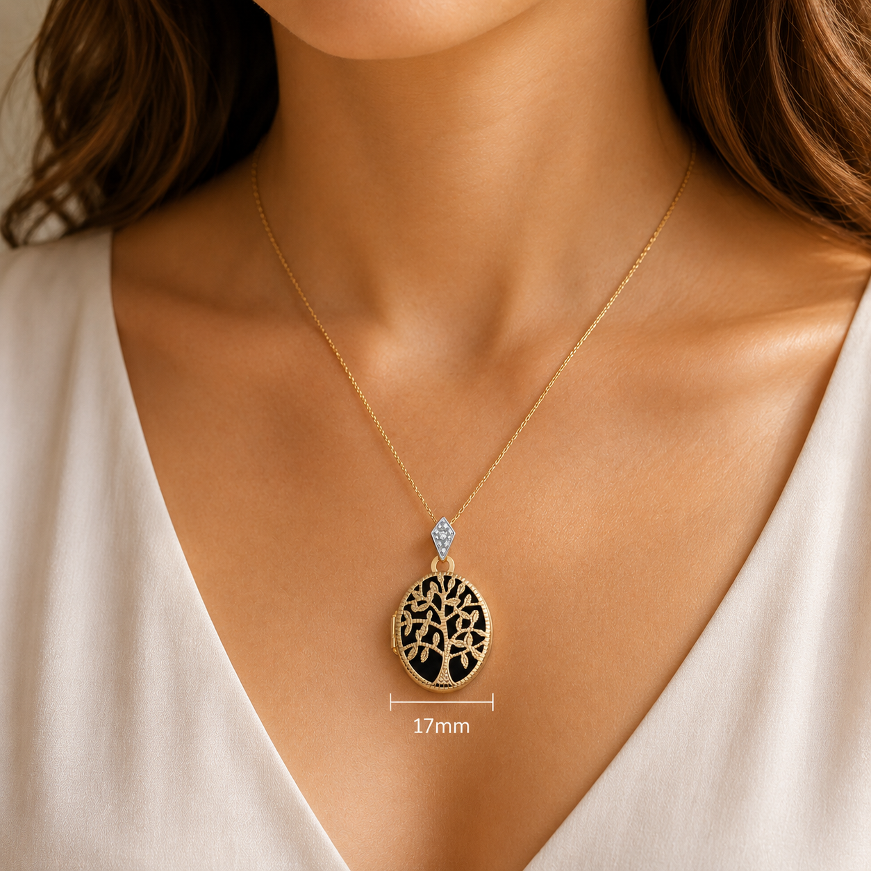Tree of Life Locket Pendant with Natural Diamond 18ct Gold on Solid Silver 18"
