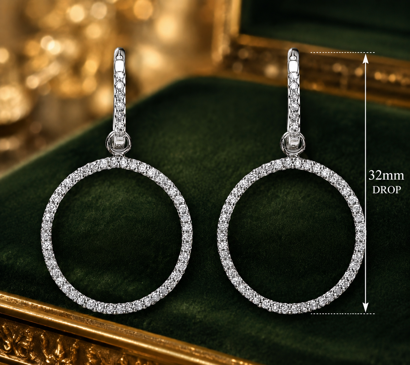 18K White Gold Diamond Pave Circle Drop Hoop Earrings 32mm Dangle Luxury