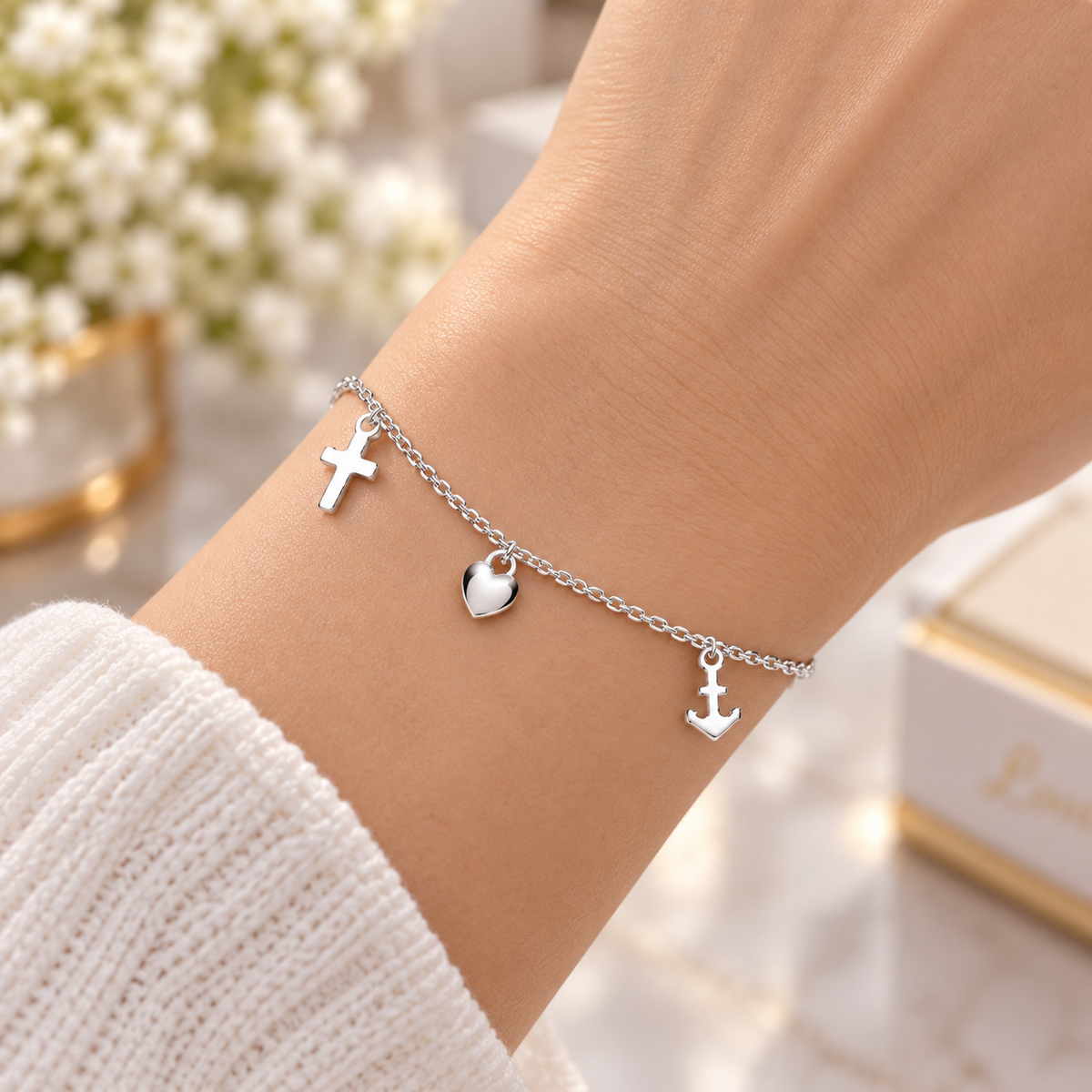Elegant Sterling Silver Charm Bracelet with Heart, Cross & Anchor 925 Hallmark