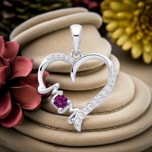 Natural Amethyst Mum Heart Pendant Solid Sterling Silver 925 Hallmark 18" Chain