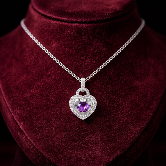 Amethyst Heart Necklace With Diamond Solid White Gold 18" 46cm Length Chain