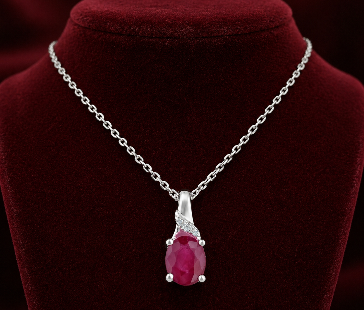 Natural Ruby Oval Pendant Real Diamond Solid White Gold 18" 46cm Length Chain