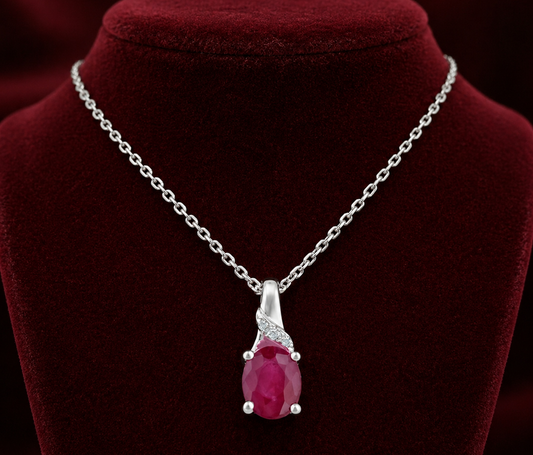 Natural Ruby Oval Pendant Real Diamond Solid White Gold 18" 46cm Length Chain