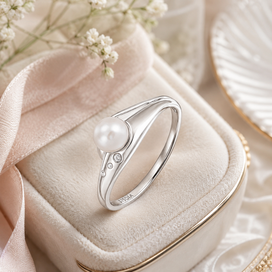 Modern Freshwater Pearl and Diamond Ring – Solid White Gold Hallmarked