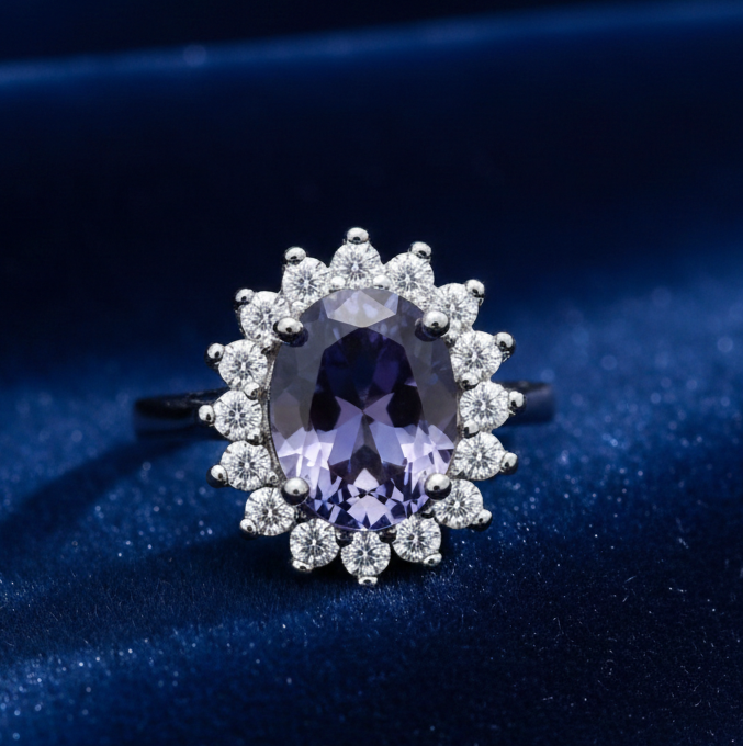 Sterling Silver Tanzanite Ring Large Cluster Engagement 925 Hallmark Size K-S