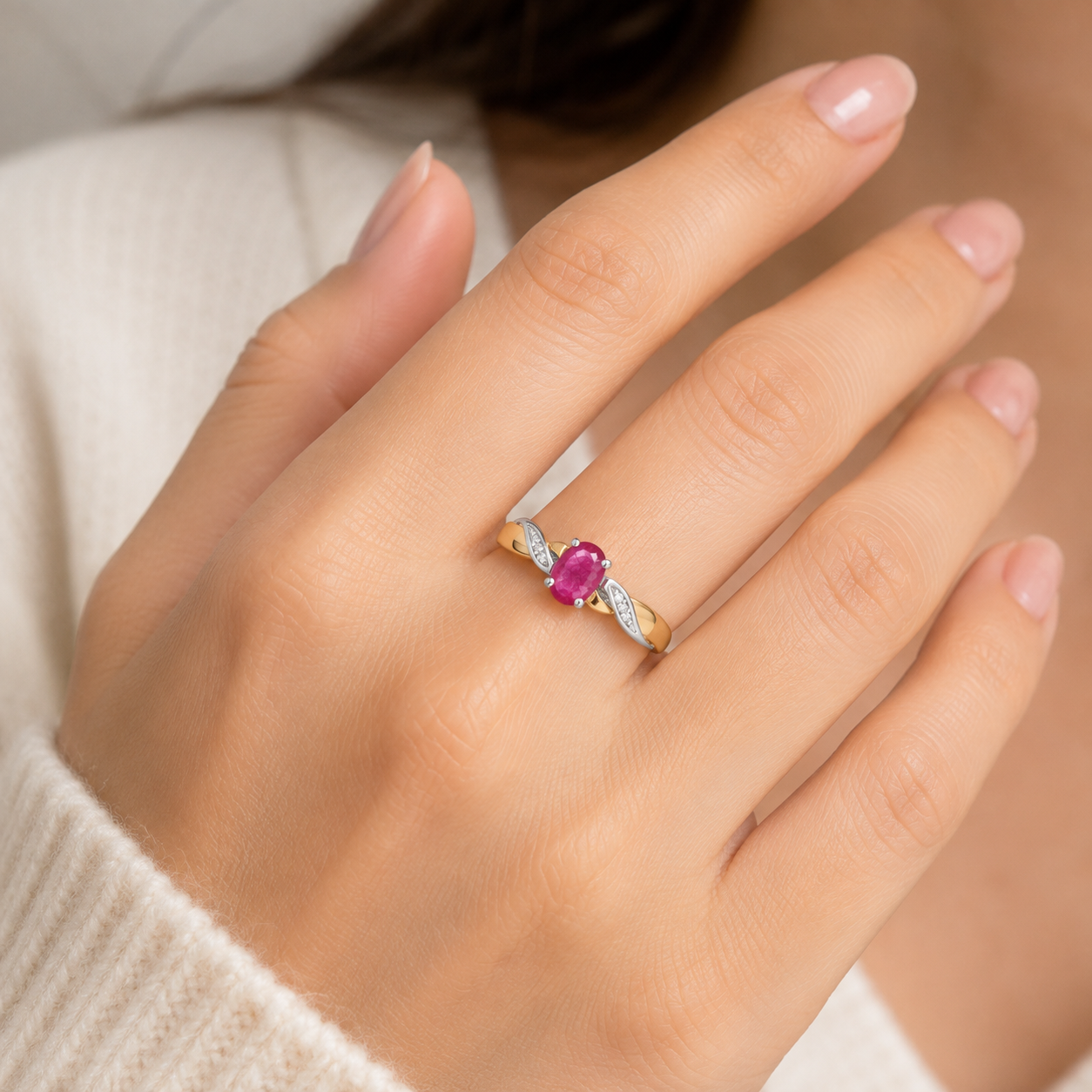 Ruby & Diamond Oval Gemstone Ring Two Tone Yellow & White Gold Hallmarked