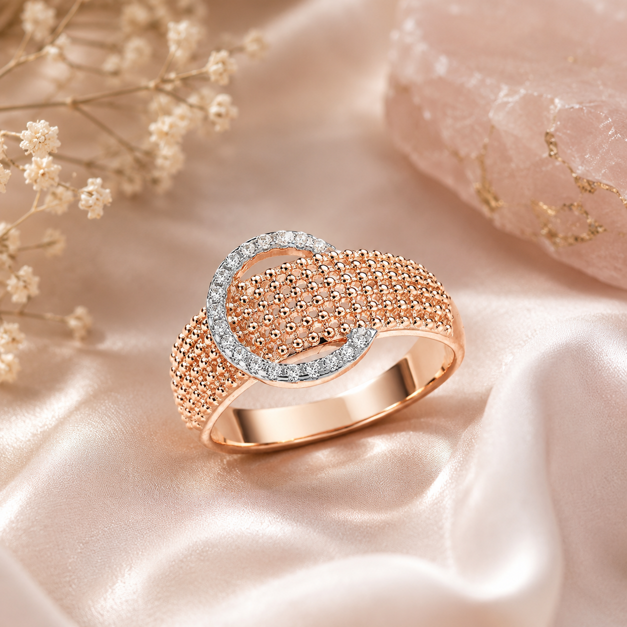 Rose Gold Buckle Ring Pavé Halo Gemstones on Solid Sterling Silver 925