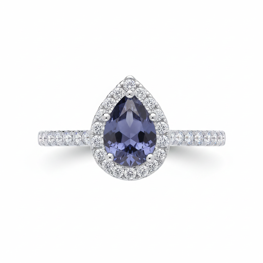Sterling Silver Tanzanite Ring Pear Halo Engagement 925 Hallmark Size K-S