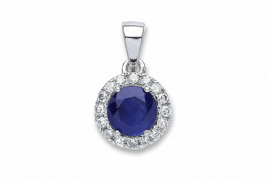 9ct White Gold 0.15ct Diamond 0.60ct Round Sapphire Pendant