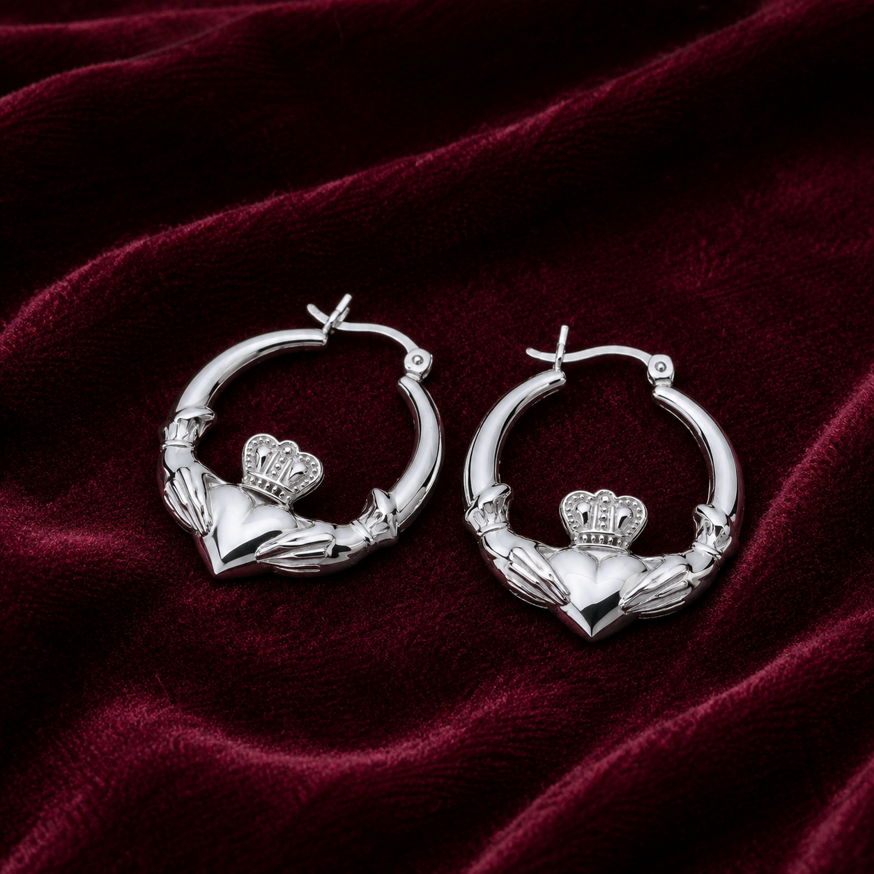 Claddagh Creole Hoop Earrings Sterling Silver 30mm 925 Hallmark
