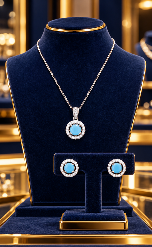 Turquoise Halo Matching Pendant and Earrings Set Solid Sterling Silver 925