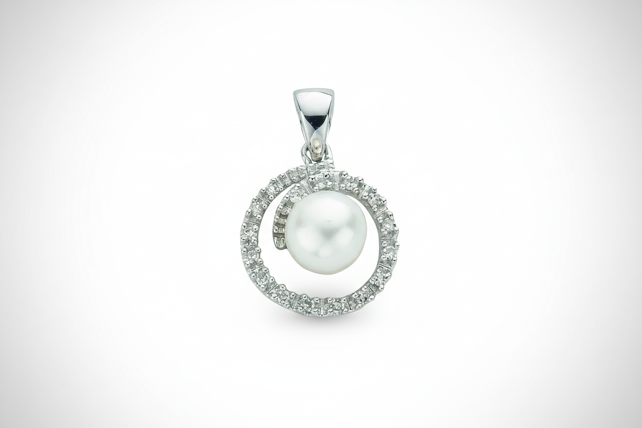 9ct White Gold Freshwater Pearl and Diamond Pendant