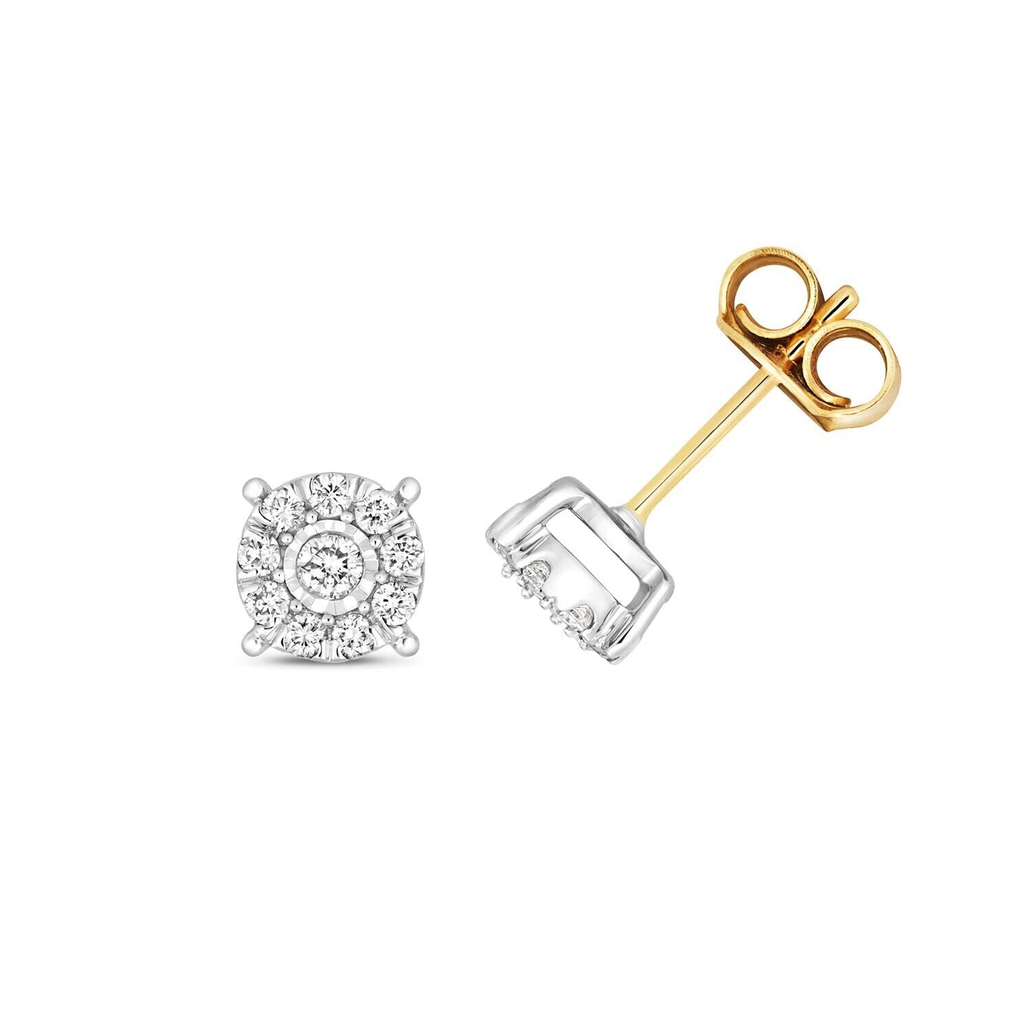 9ct Yellow Gold Diamond Earrings Illusion Set 0.20ctw Real Diamonds