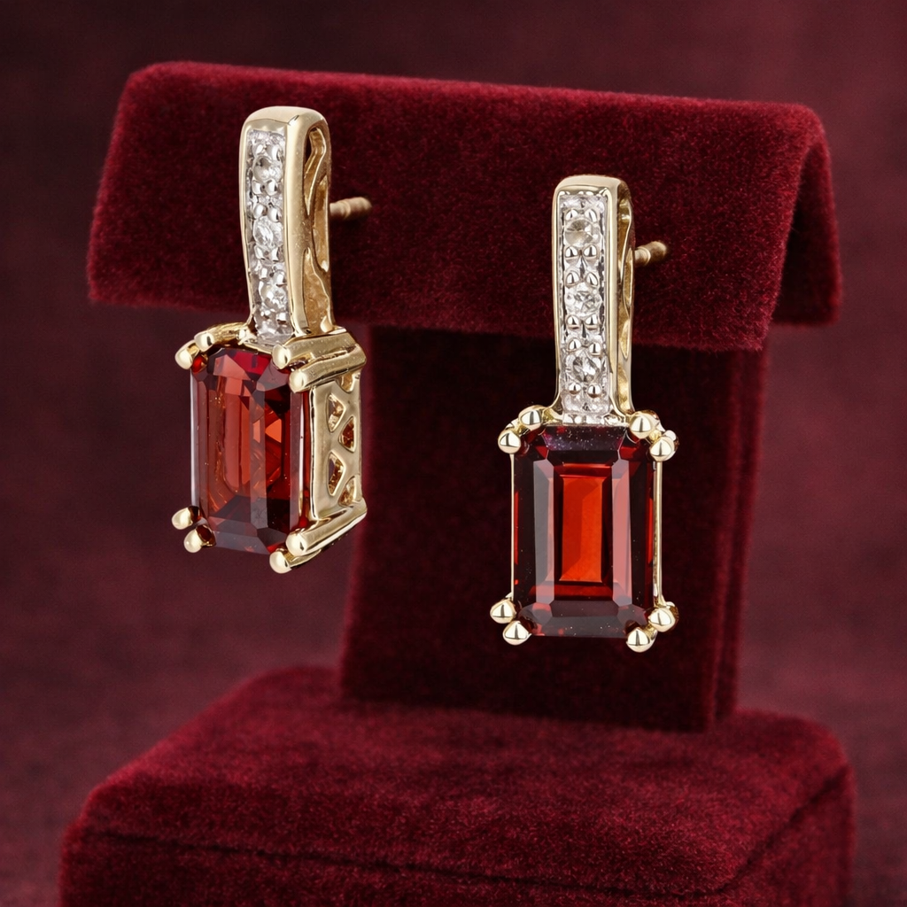 Natural Garnet and Diamond Earrings Solid 9ct Yellow Gold Drops Hallmarked