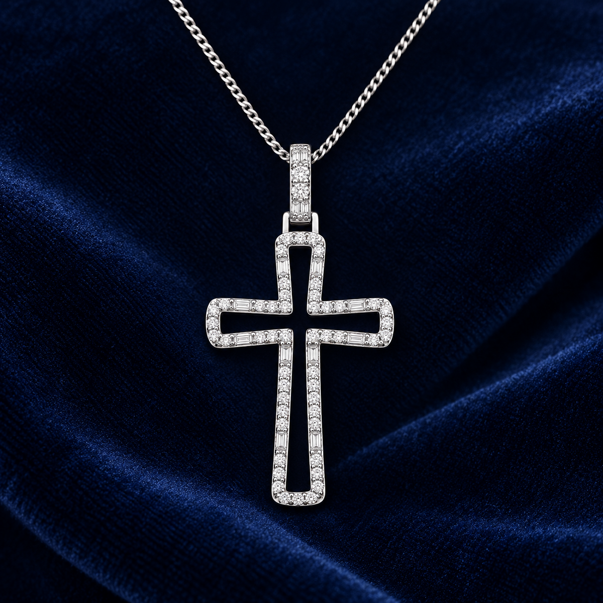 Real Diamond Open Cross Pendant 9ct White Gold 18" Chain 0.40tw Mined Diamond