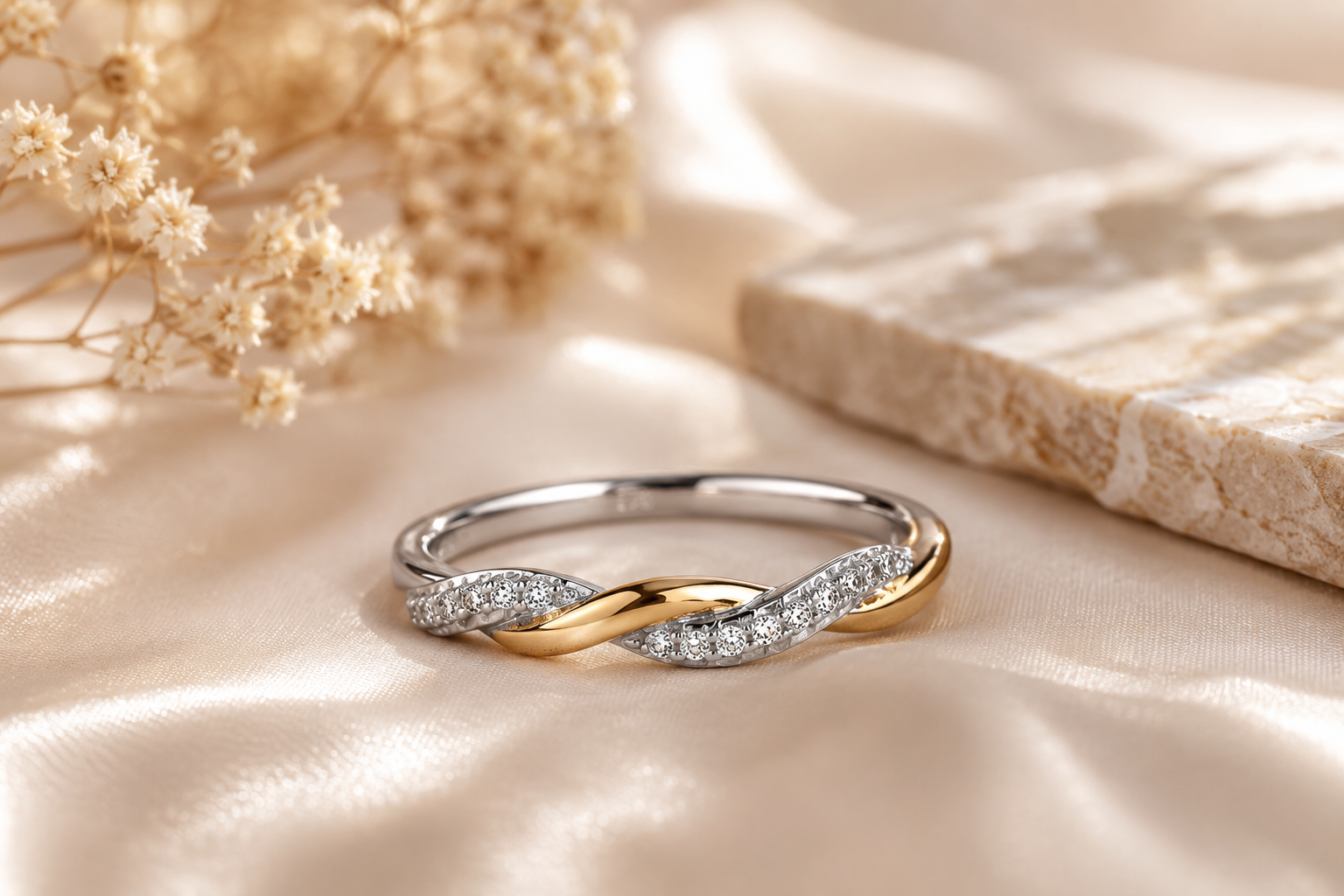 Elegant Two-Tone Twist Ring in 18ct Yellow Gold on Solid Sterling Silver