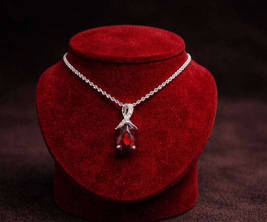 9ct White Gold Garnet Pendant With Diamond Kiss 18" 46cm Length Chain