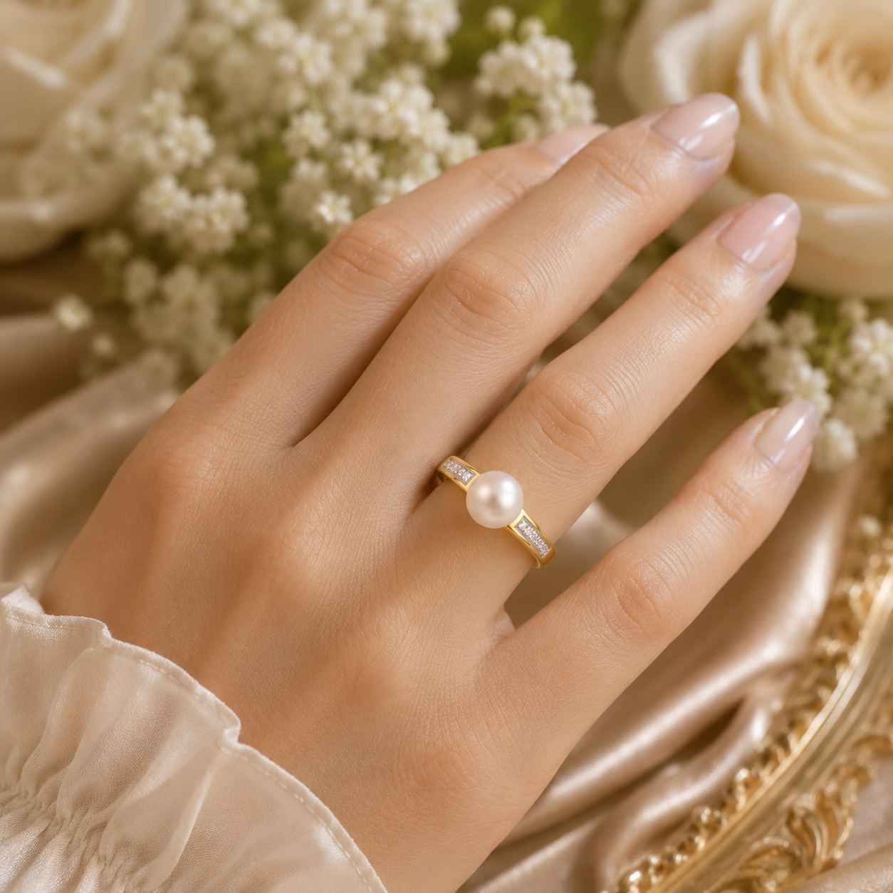 9ct Yellow Gold Cultured Freshwater Pearl & Diamond Accent Ring
