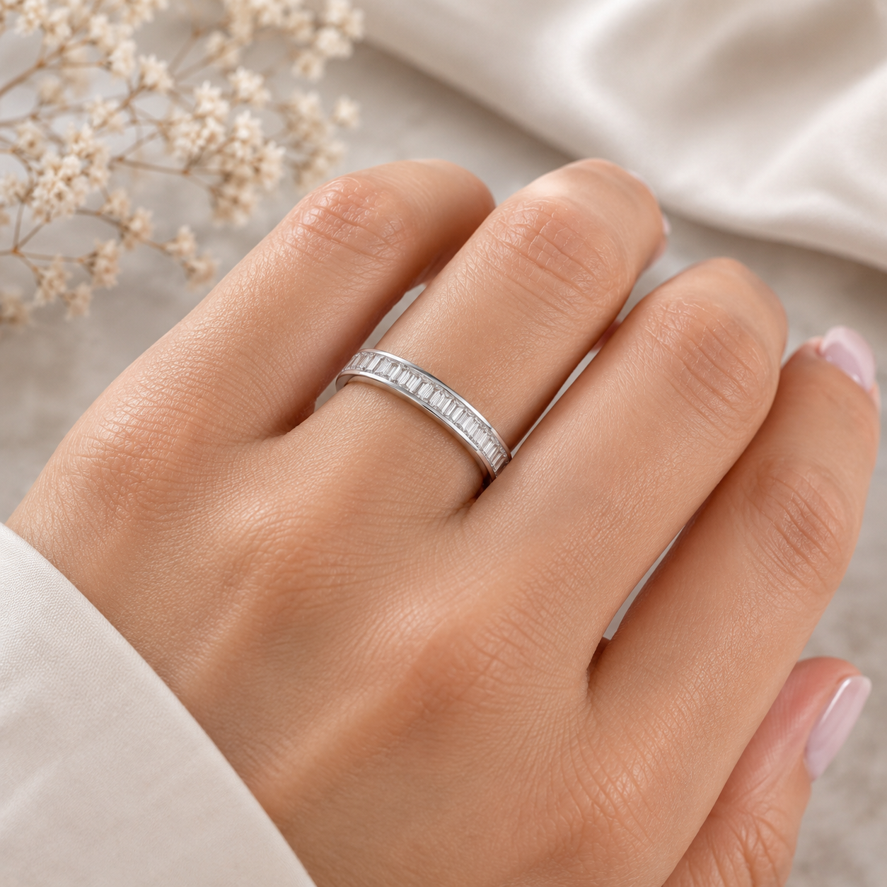 Elegant Channel-Set Baguette Full Eternity Band in Solid Sterling Silver