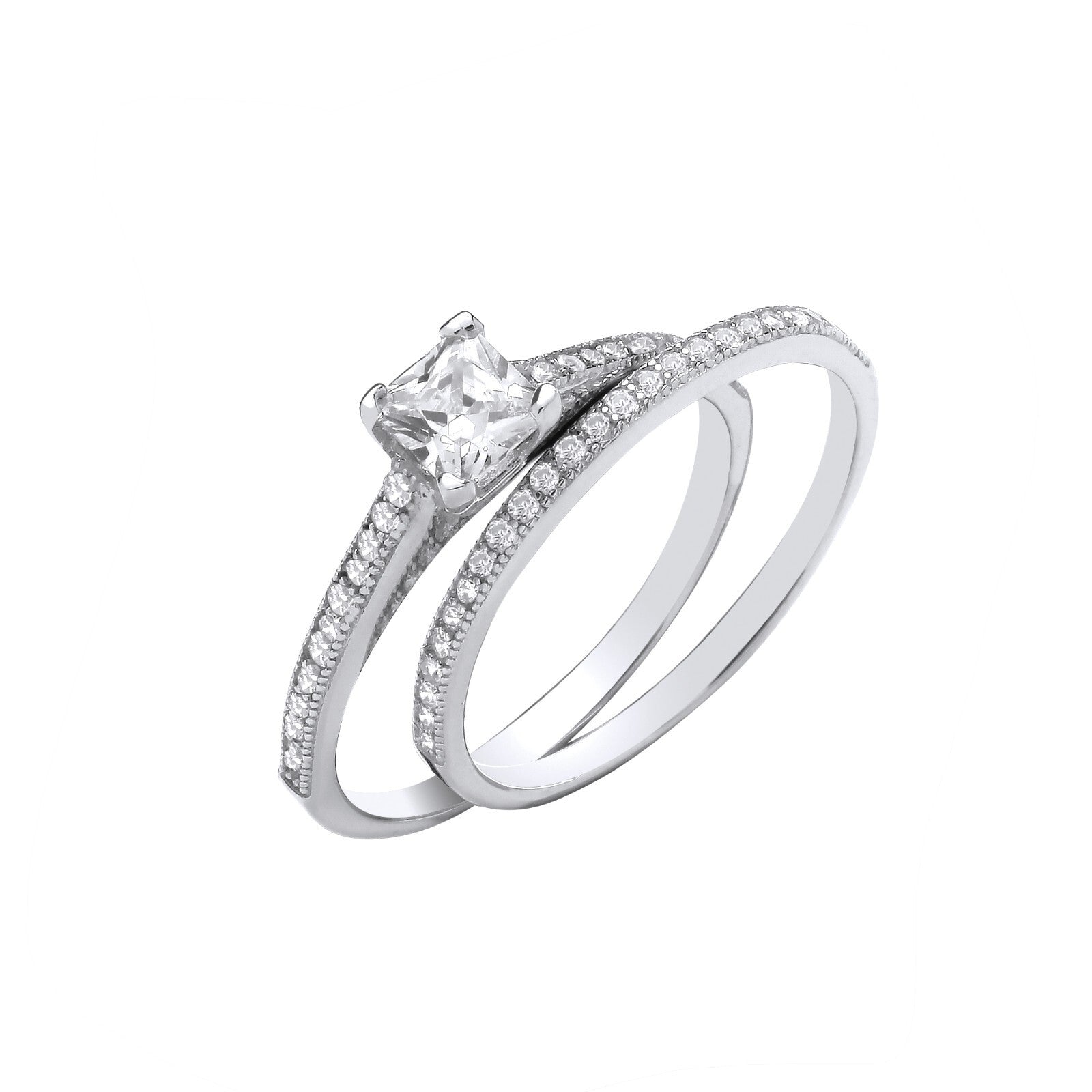 Sterling Silver Bridal Set Princess Cut Centre Zircon Half ET Rings 925 Hallmark