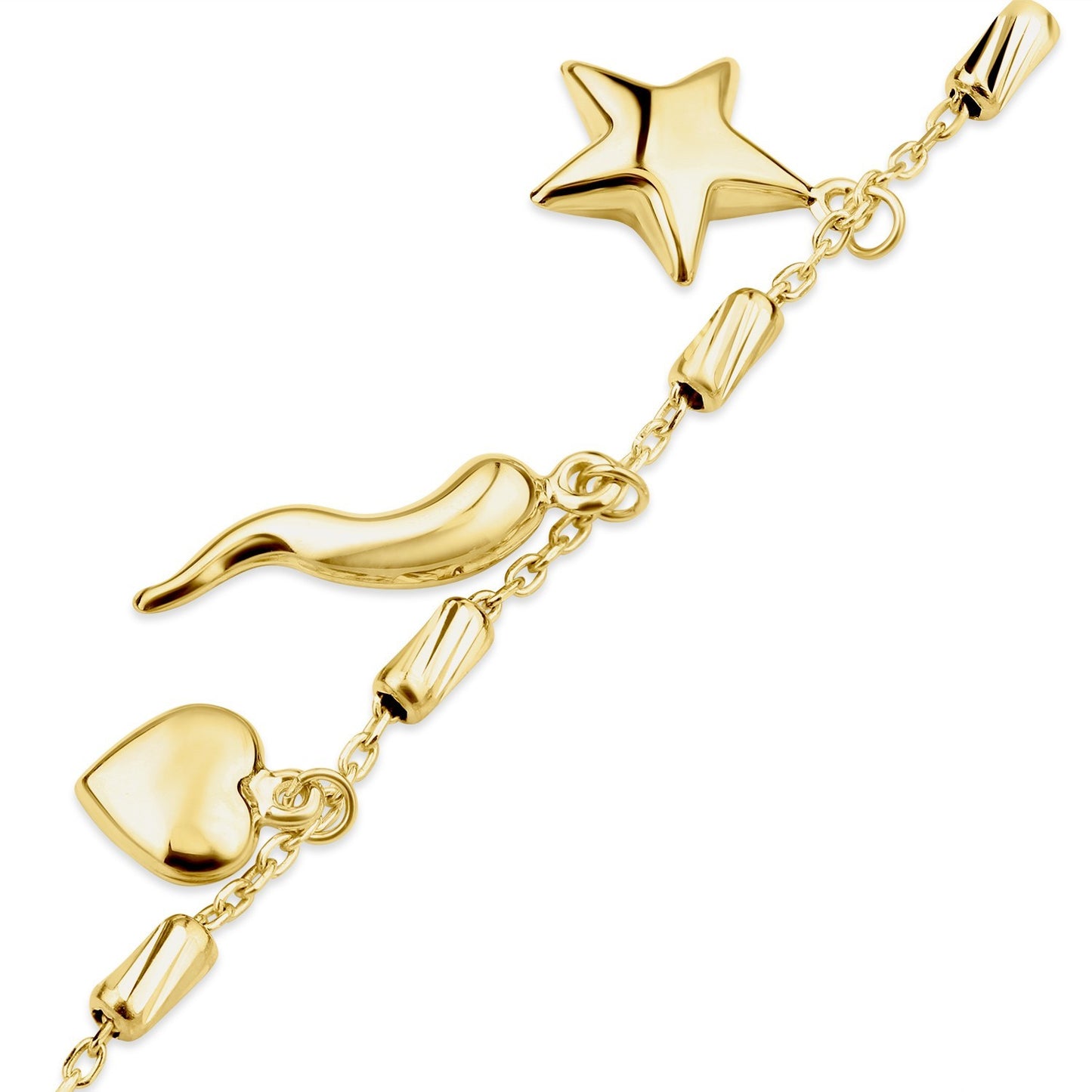 Heart, Star & Italian Horn Charm Lucky Bracelet 9ct Yellow Gold 375 17.5-19cm