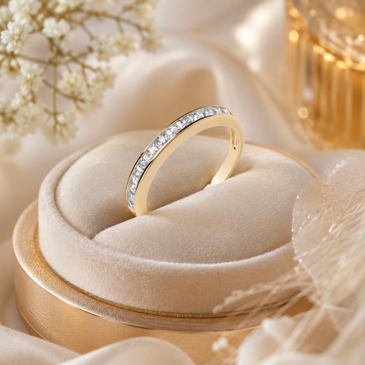 Elegant Channel-Set Princess Wedding Eternity Band in 18ct Gold on Solid Silver