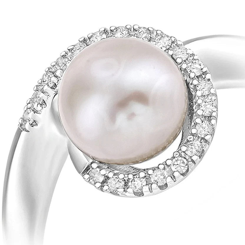 White Gold Freshwater Pearl Halo Ring with Natural Diamonds