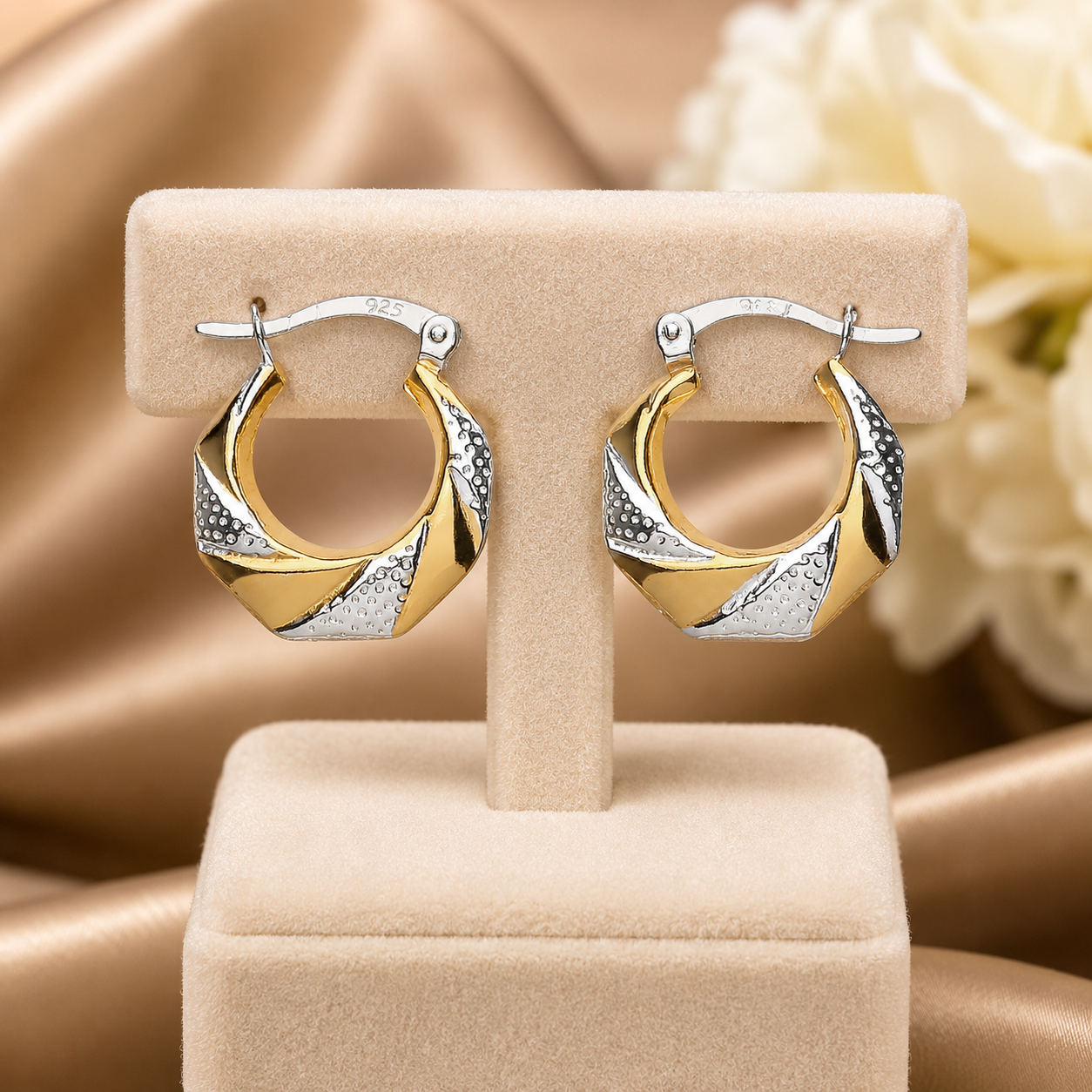 Two Tone Creole Hexagon Hoop Earrings 18ct Gold on Sterling Silver 925 Hallmark