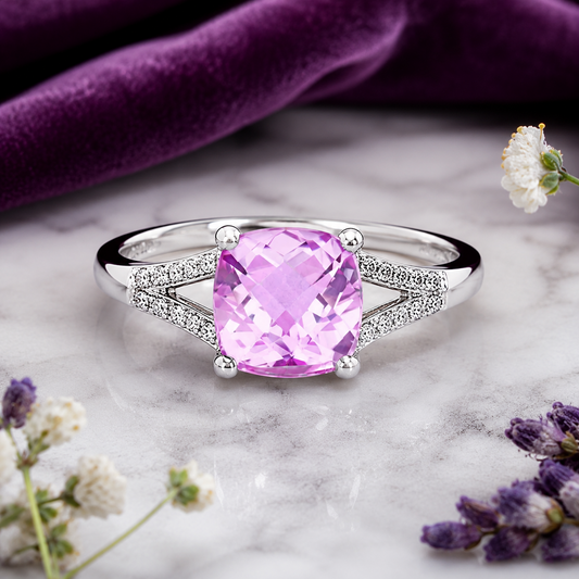 Cushion Cut Pink Sapphire & Diamond Split Shank Ring Solid White Gold Size J-Q