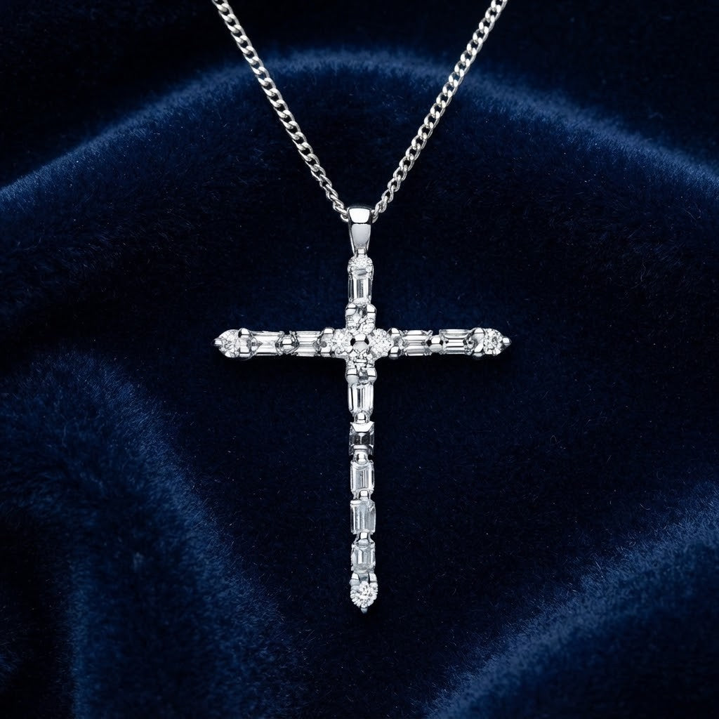 Baguette Diamond Cross Pendant 18ct White Gold 18"/45cm Chain 0.44ctw Diamonds